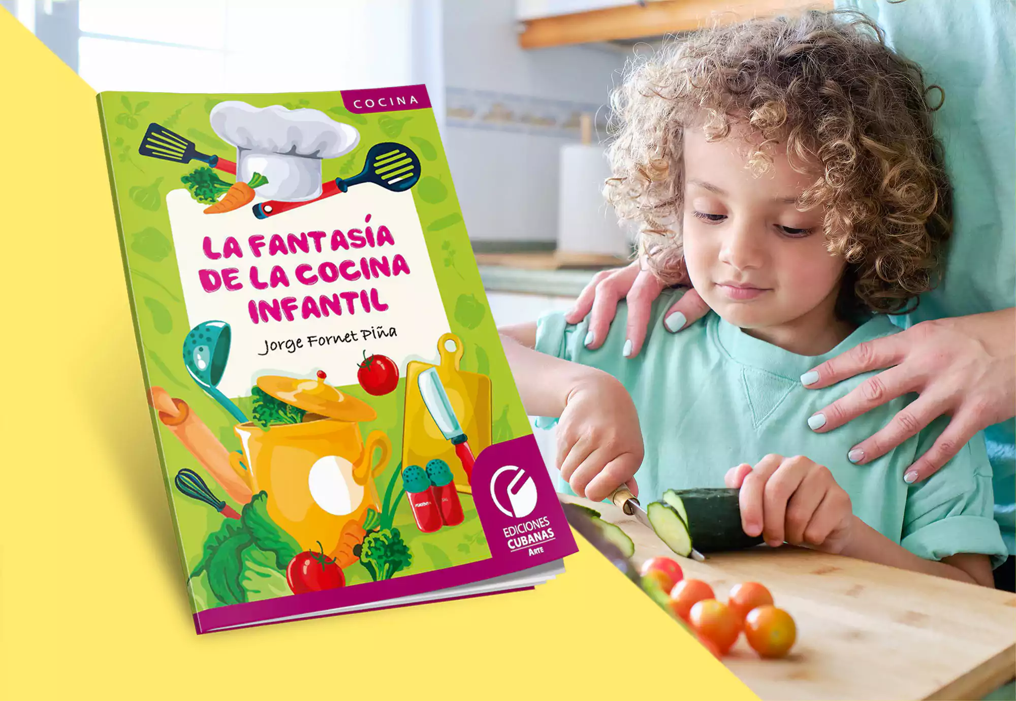 Libro de cocina infantil a su derecha un niño cortando vegetales, acompañado de su madre.