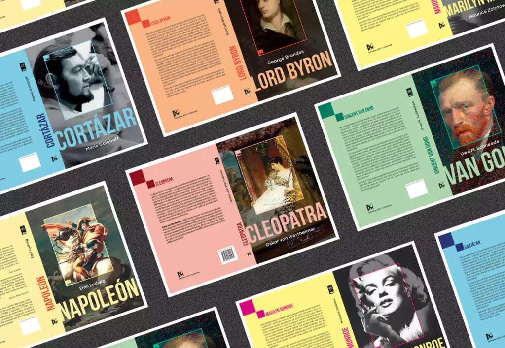 Portadas coloridas y en vertical de la colección Biografias. Se muestran títulos como Cleopatra, Napoleón, Lord Byron, Van Gohg, Cortázar y Marilyn Monroe.